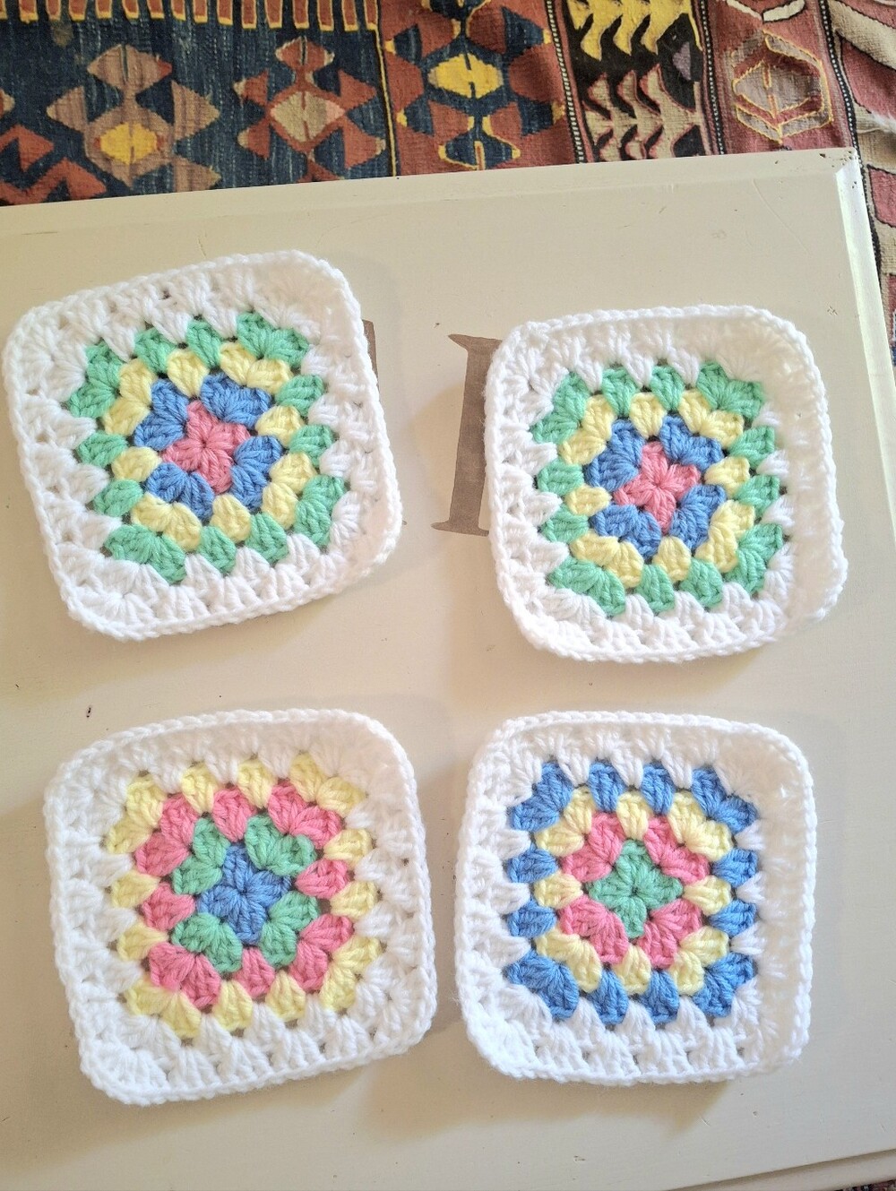 Handmade Pastel Crochet Granny Squares Set Of 4 Doilies Coasters Pot Holders